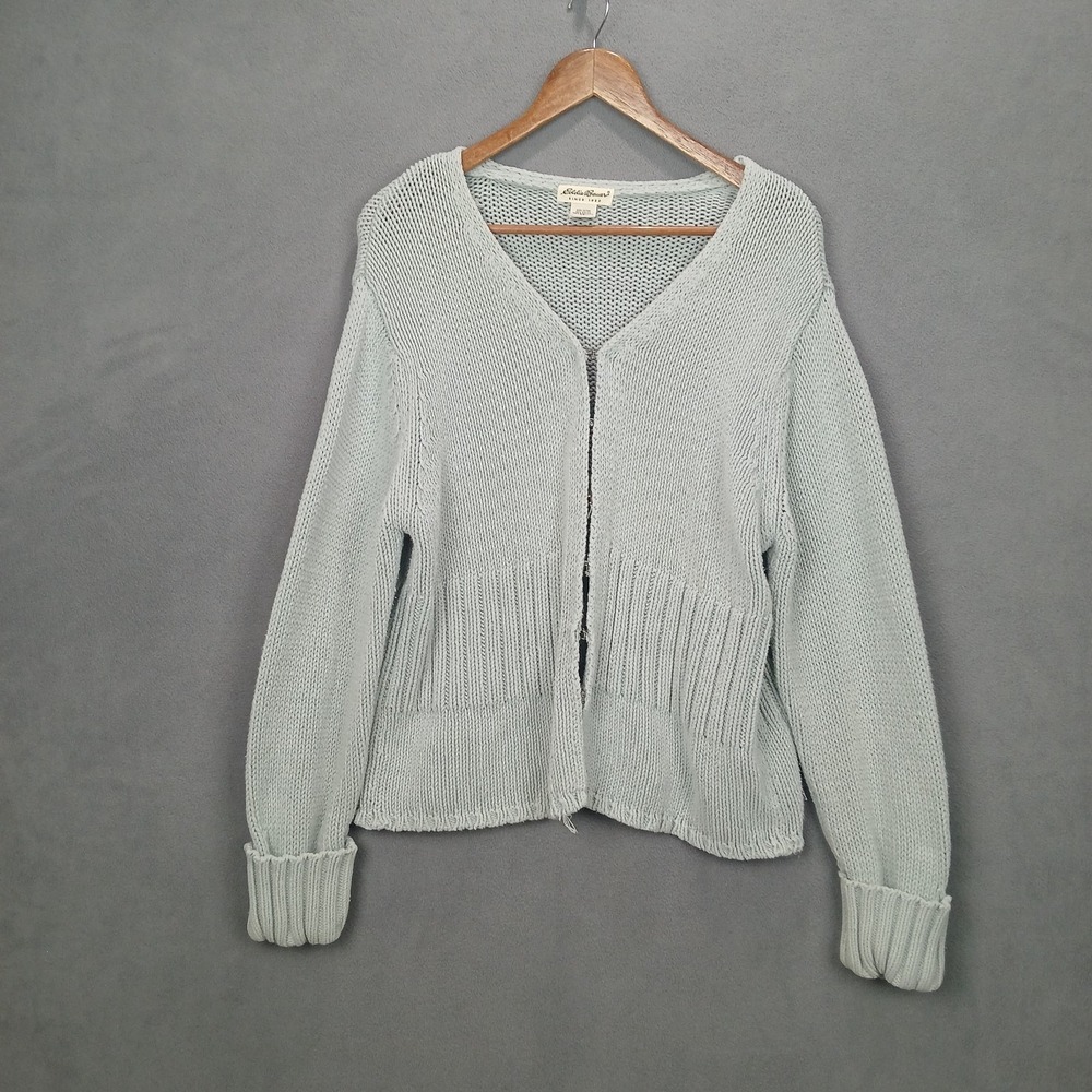 Eddie Bauer Cardigan Sweater Womens XL Pale Blue Crochet Knit Ribbed V Neck